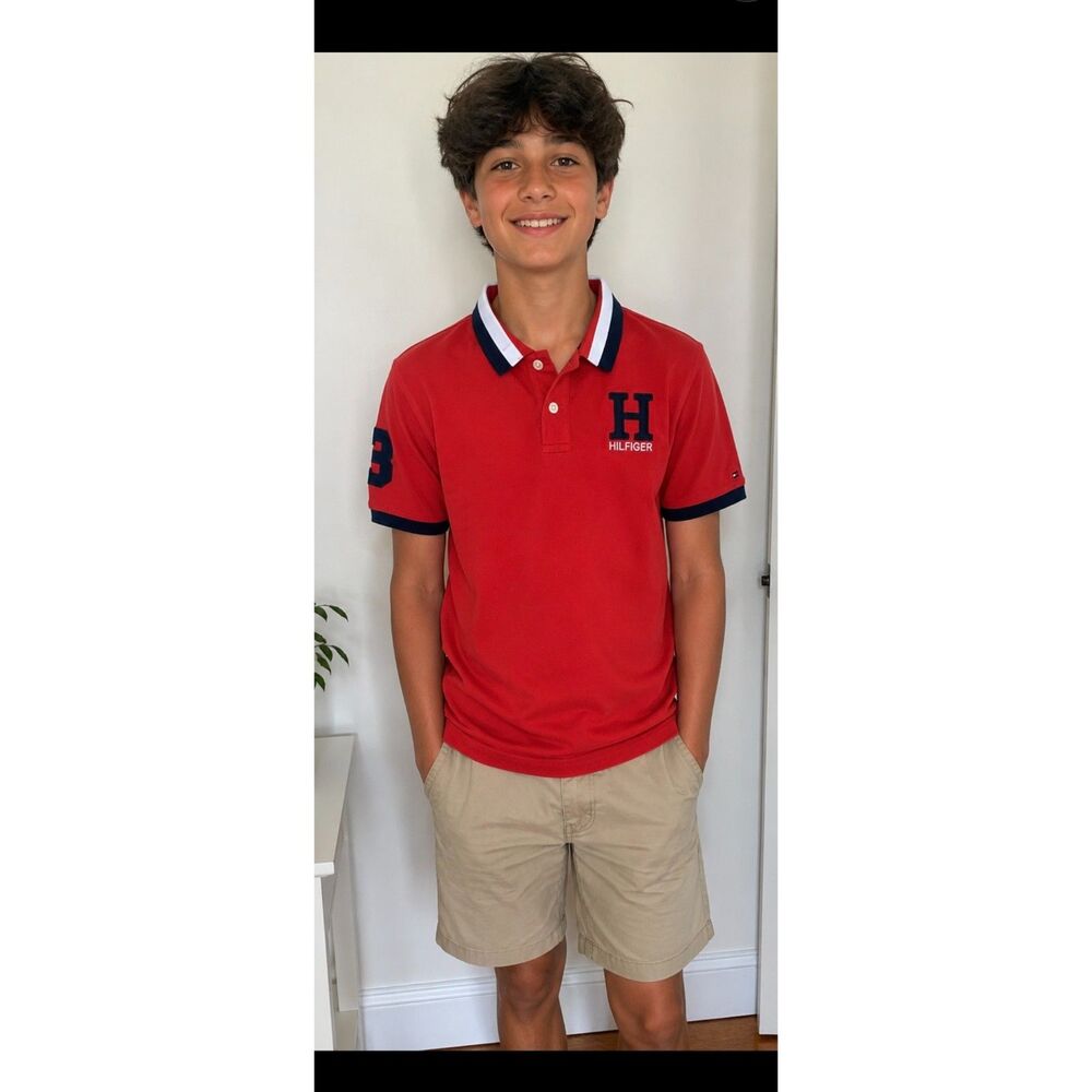 Tommy Hilfiger Boys Red Polo Shirt Size  L(16/18) Short Sleeve Logo Classic